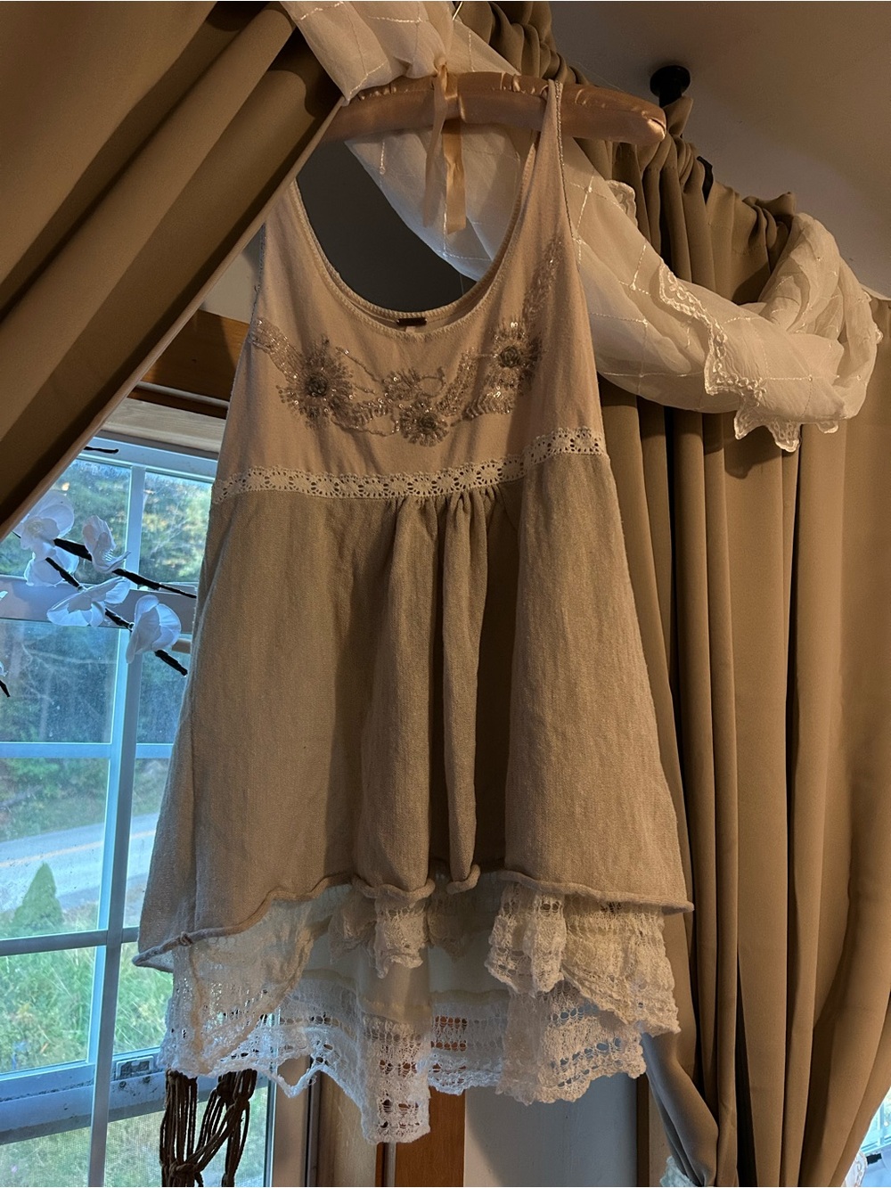 FP beaded bodice Lace trim tank top medium